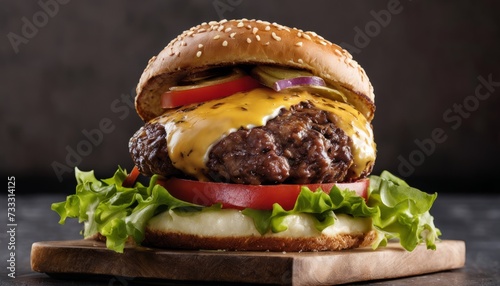 A delicious hamburger with lettuce, tomato, and cheese