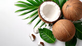 coconut with leaves on white background, generative ai