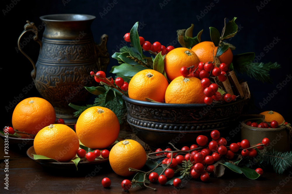 Oranges in Antique Bowl with Candlelight Oranges in Antique Bowl with Candlelight