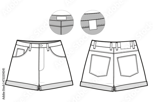 short cuff Jean Shorts Flat Technical Drawing Illustration Five Pocket Classic Blank Streetwear Mock-up Template for Design and Tech Packs CAD Denim