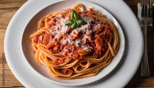 A plate of spaghetti with tomato sauce and cheese