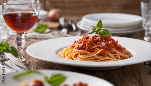 A plate of spaghetti with tomato sauce and basil on top