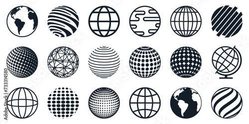 World icon flat set, Earth icons, globes with world maps, set Earth globe hemispheres with continents - vector