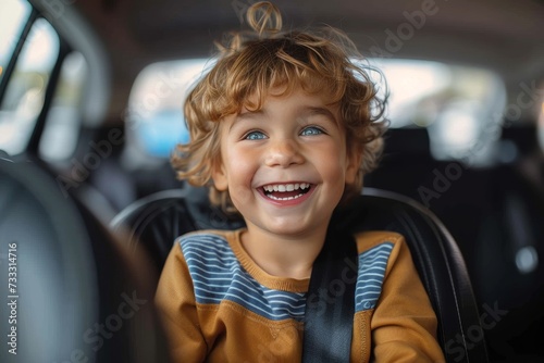 A joyful toddler radiates pure happiness from the backseat of a car, showcasing their contagious smile and carefree spirit in a candid portrait
