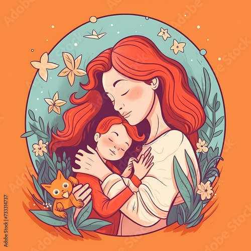 Tender Mother and Child Embrace Illustration with Whimsical Flora and Fauna