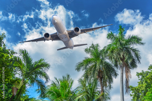 Airliner passenger jet aircraft take off over the tropical palm trees of an exotic island. Traveling to warm countries vacation trip.