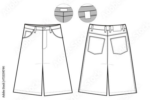 Jean Shorts Flat Technical Drawing Illustration Five Pocket Classic Blank Streetwear Mock-up Template for Design and Tech Packs CAD Denim loose baggy