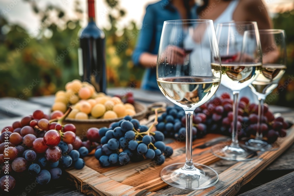 A luxurious table setting adorned with a variety of succulent fruits and elegant stemware, creating the perfect ambiance for indulging in a glass of rich, velvety wine