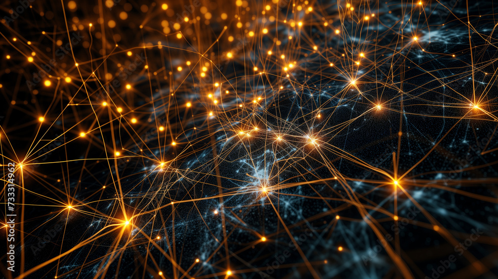 Neural network mimicking the human brain, with data flow lines connecting different nodes. Neural network mimicking the human brain, with data flow lines connecting different nodes.