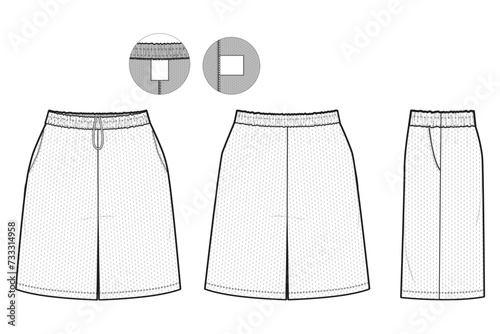 Mesh Shorts Flat Technical Drawing Illustration Blank Streetwear Mock-up Template for Design and Tech Packs CAD Unisex Athletic Basketball loose baggy