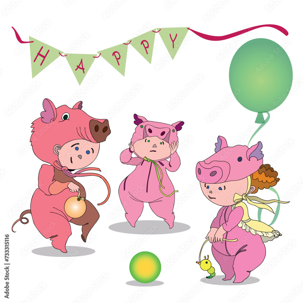 Naklejka premium Funny children's animal costumes for boys and girls for masquerade. Pig costume. Flat design vector illustration.