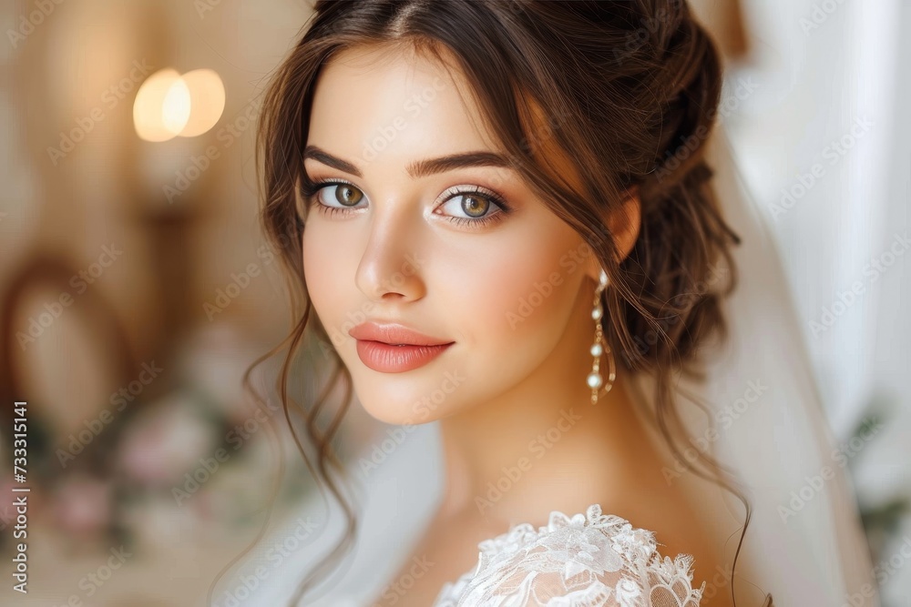 A radiant bride, adorned in an ivory wedding dress and exquisite headpiece, gazes confidently at the camera amidst her elegant indoor photo shoot, showcasing the perfect combination of fashion and lo