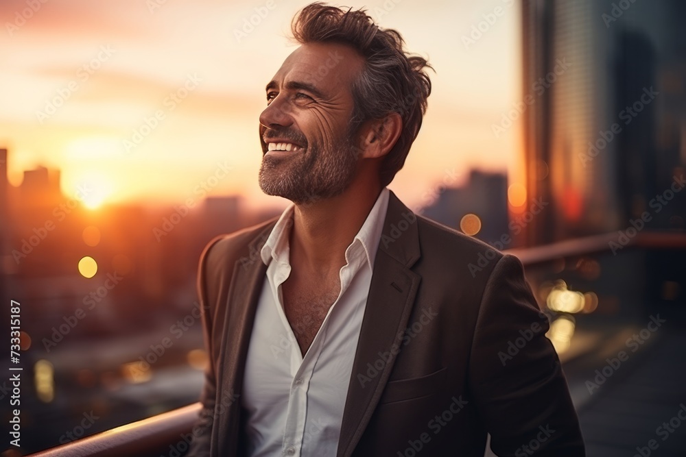 Obraz premium Successful wealthy businessman contemplating future opportunities in vibrant cityscape at sunset