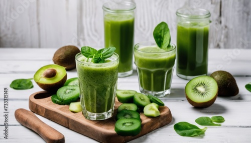 A wooden cutting board with sliced kiwi and cucumber