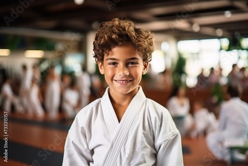 Smiling european boy participating in judo or karate training lesson poses for camera
