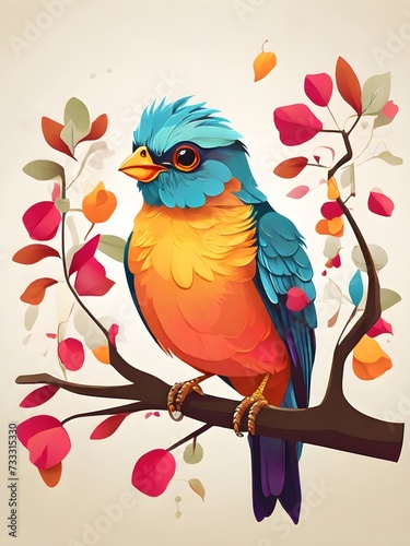 A colorful bird created using vector art style in a colorful tree background can use for birthday card, invitation card, book cover template