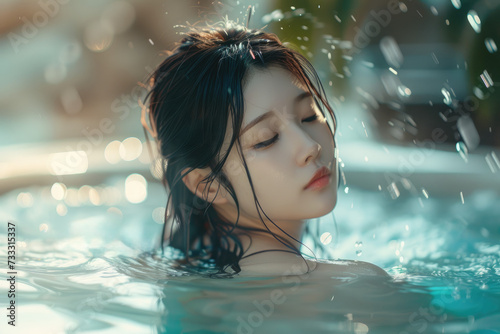 a beautiful asian girl enjoying her time in a hot tub