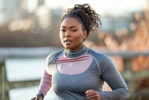 A determined woman braves the chilly outdoors, her face flushed with determination and her sweater providing a shield against the cold, as she runs towards her goals with confidence and grace photo