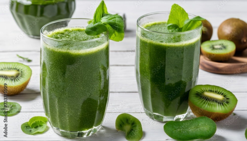 Two glasses of green smoothie with kiwi slices Two glasses of green smoothie with kiwi slices