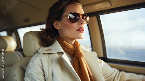 Stylish female model in white trench coat and sunglasses poses in brown luxury car © sorin