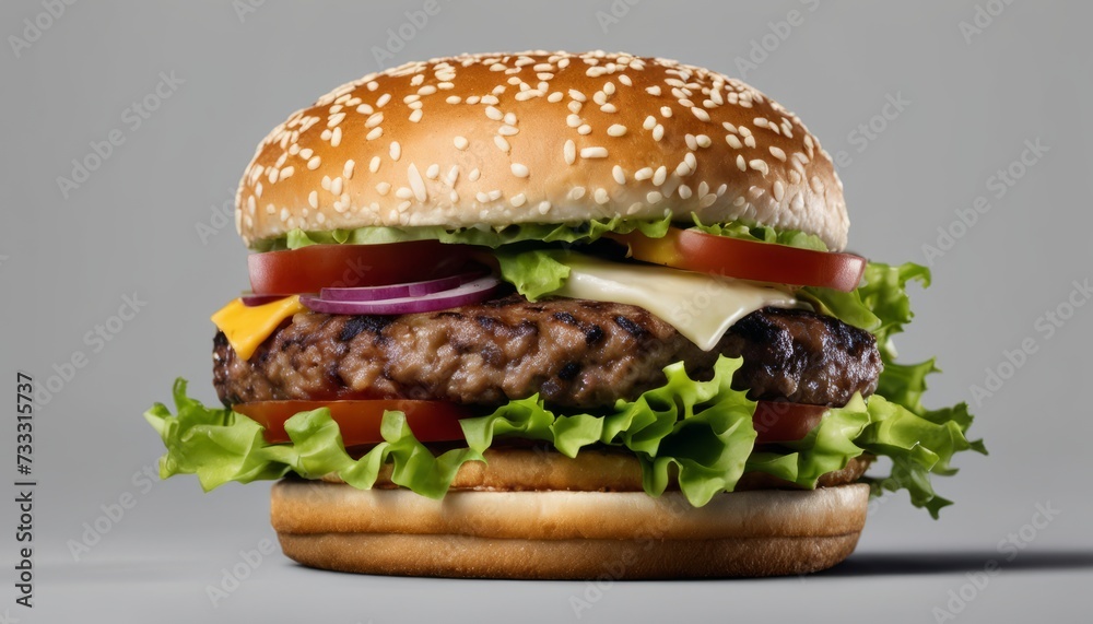 A close up of a hamburger with lettuce, tomato, and cheese A close up of a hamburger with lettuce, tomato, and cheese