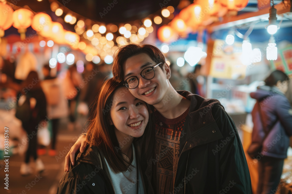 A young Asian couple visited a famous local night market and tasted street food
