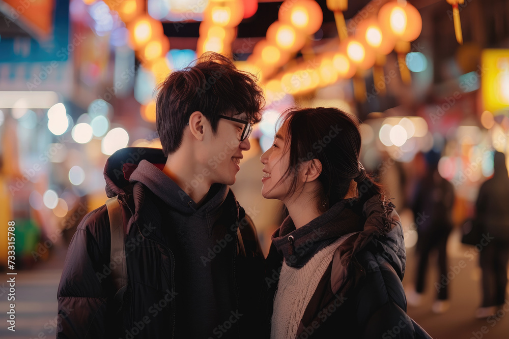 A young Asian couple visited a famous local night market and tasted street food