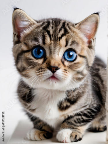 A startled Scottish Fold kitten with blue wide eyes, captured in a close-up on a white background, exudes humor. © aiartth