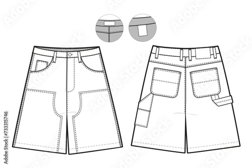 double knee carpenter Shorts Flat Technical Drawing Illustration Blank Workwear Streetwear Mock-up Template for Design and Tech Packs CAD Skate