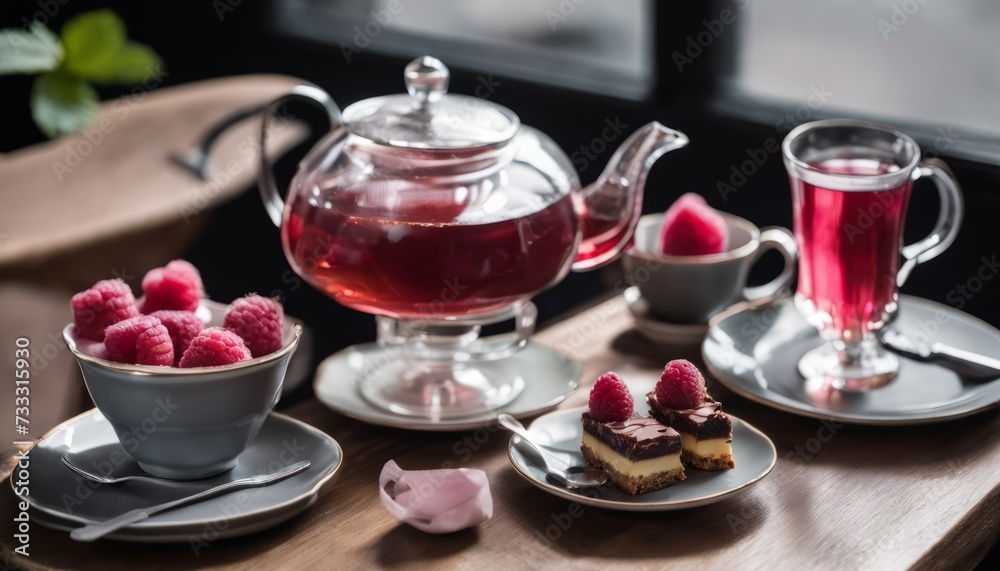 A table with a teapot, cups, and plates of food and raspberries A table with a teapot, cups, and plates of food and raspberries