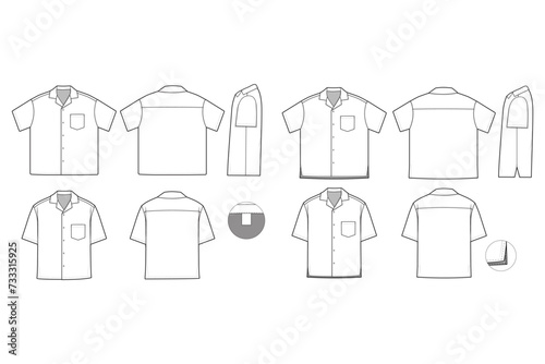 Camp Button Shirt Short Sleeve Flat Technical Drawing Illustration Blank Mock-up Template for Design and Tech Packs CAD Technical Sketch	
