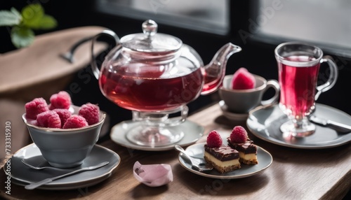 A table with a teapot, cups, and plates of food and raspberries