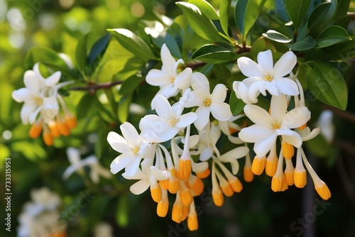 Blooming neroli flowers hanging from a tree in a beautiful garden. Generative AI photo