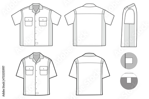 Button work mechanic workwear Shirt Short Sleeve Flat Technical Drawing Illustration Blank Mock-up Template for Design and Tech Packs CAD Technical Sketch	
