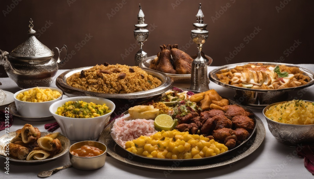 A table full of food, including chicken, rice, and potatoes