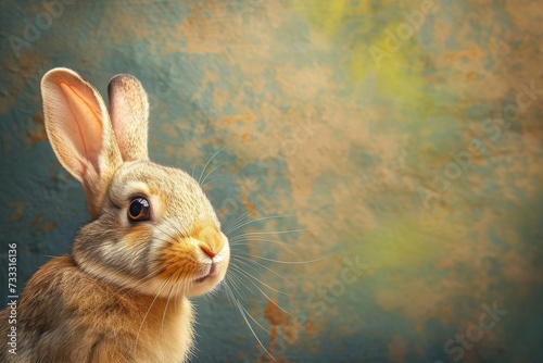 An endearing domestic rabbit, known as the eastern cottontail, captures our hearts with its soft fur and curious gaze photo