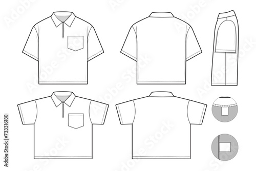 Quarter zip polo Short Sleeve Collared Flat Technical Drawing Illustration Blank Mock-up Template for Design and Tech Packs CAD Technical Sketch	