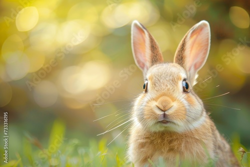 A fluffy bunny sits amidst a lush field of grass, its curious eyes and twitching nose revealing its wild nature as a terrestrial mammal