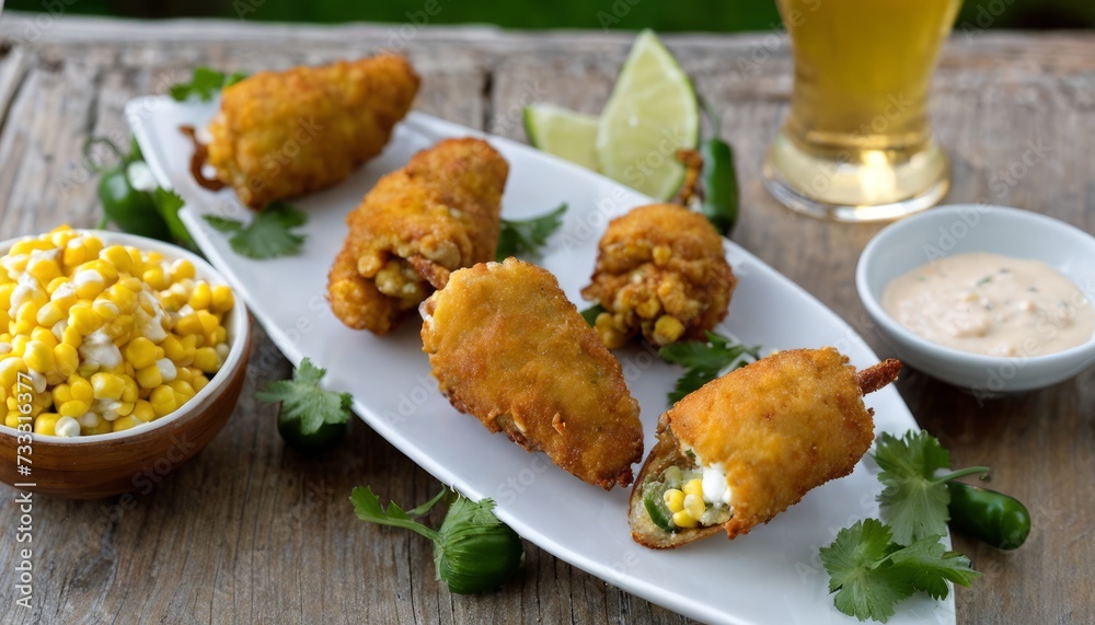 A plate of breaded chicken with sauce and corn on the side A plate of breaded chicken with sauce and corn on the side