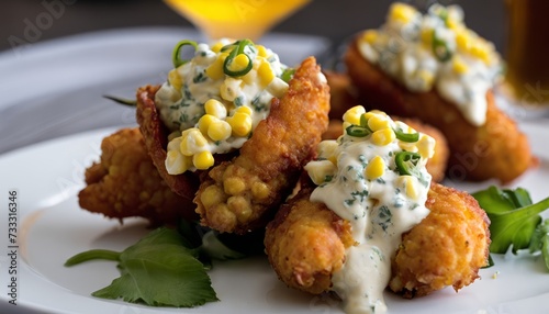 A plate of fried food with corn and sauce
