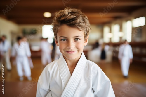Cheerful european boy engaged in judo or karate training, gazing confidently at the camera