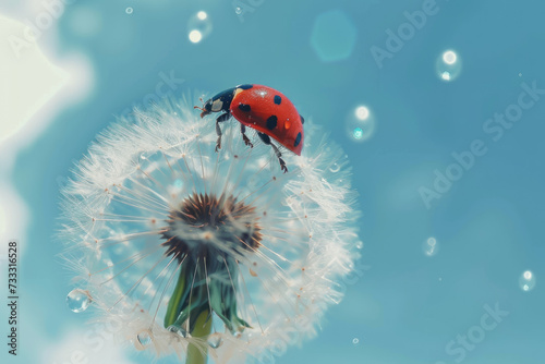 close up view of a ladybug on dandelion with water drops on blue sky background © Kien