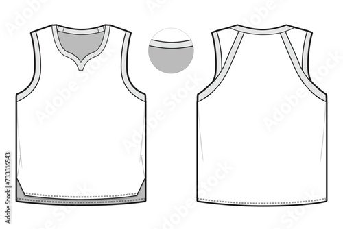 basketball jersey top sleeveless tank sports team flat technical drawing illustration blank streetwear mock-up template for design and tech packs
