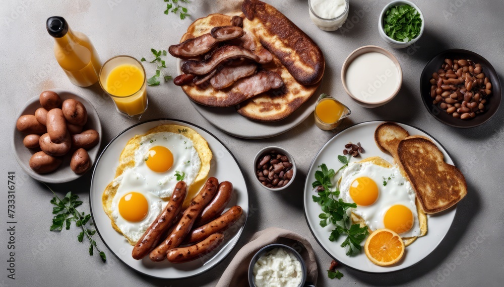 A table full of breakfast foods including eggs, sausage, beans, and bread A table full of breakfast foods including eggs, sausage, beans, and bread