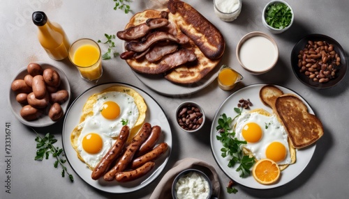 A table full of breakfast foods including eggs, sausage, beans, and bread