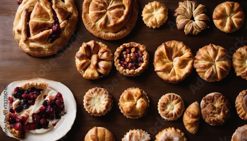 A variety of pastries on a table, including tarts and pies