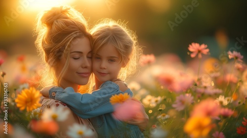 Mother and Daughter Embracing in a Blooming Field