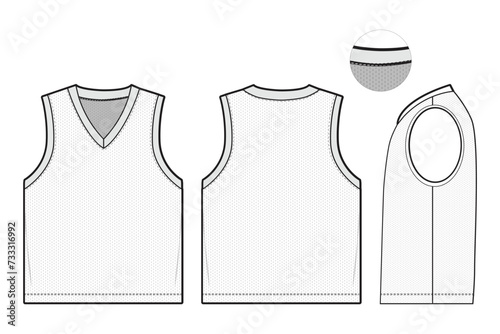 basketball jersey top sleeveless tank sports team flat technical drawing illustration blank streetwear mock-up template for design and tech packs