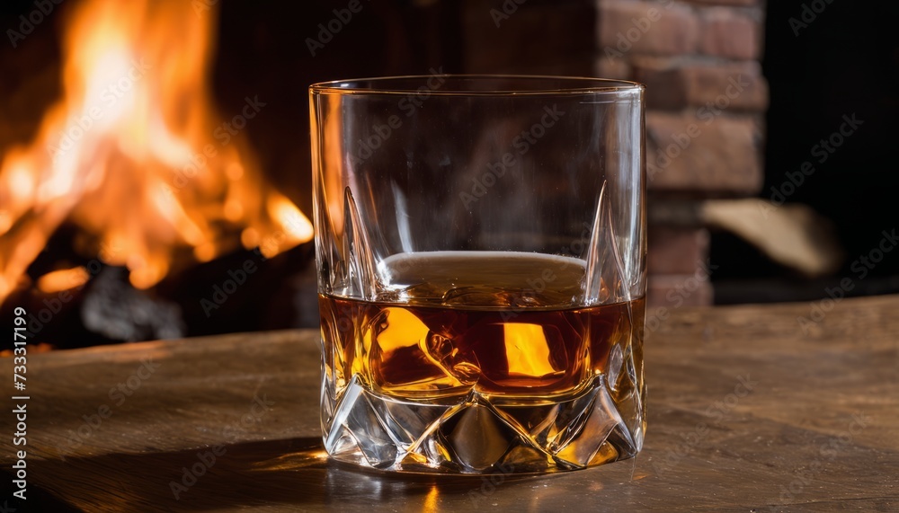 A glass of whiskey on a table in front of a fireplace A glass of whiskey on a table in front of a fireplace