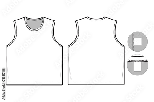 sleeveless tank top shirt flat technical drawing illustration short sleeve with binding collar blank streetwear mock-up template for design and tech packs women